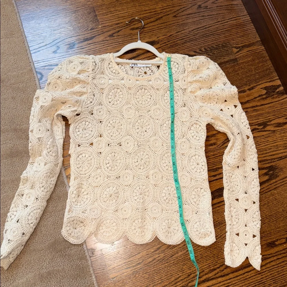 Zara Crochet Knit‎ Puff Sleeve Scalloped Sweater Blouse